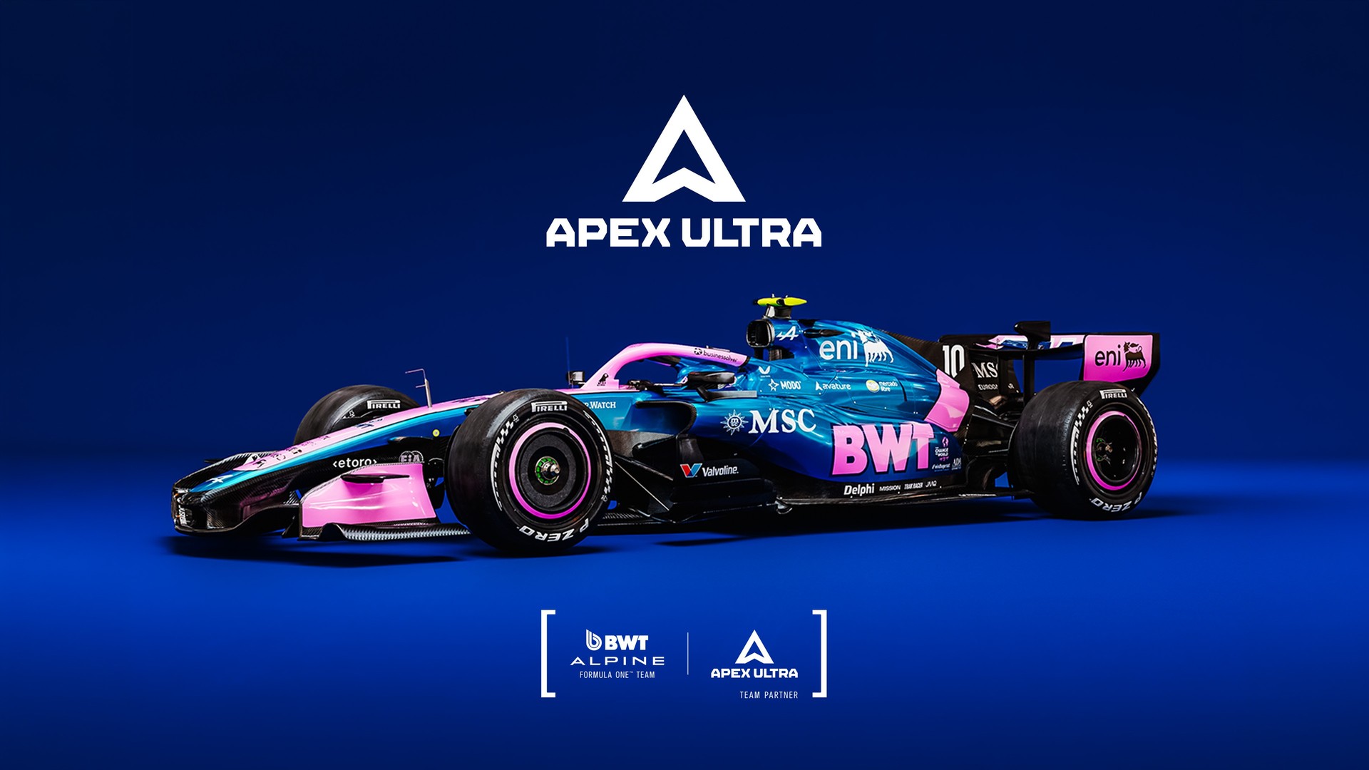 The BWT Alpine Formula One Team A526 under the Apex Ultra mark, with the BWT Alpine Formula One Team and Apex Ultra Team Partner lockups.